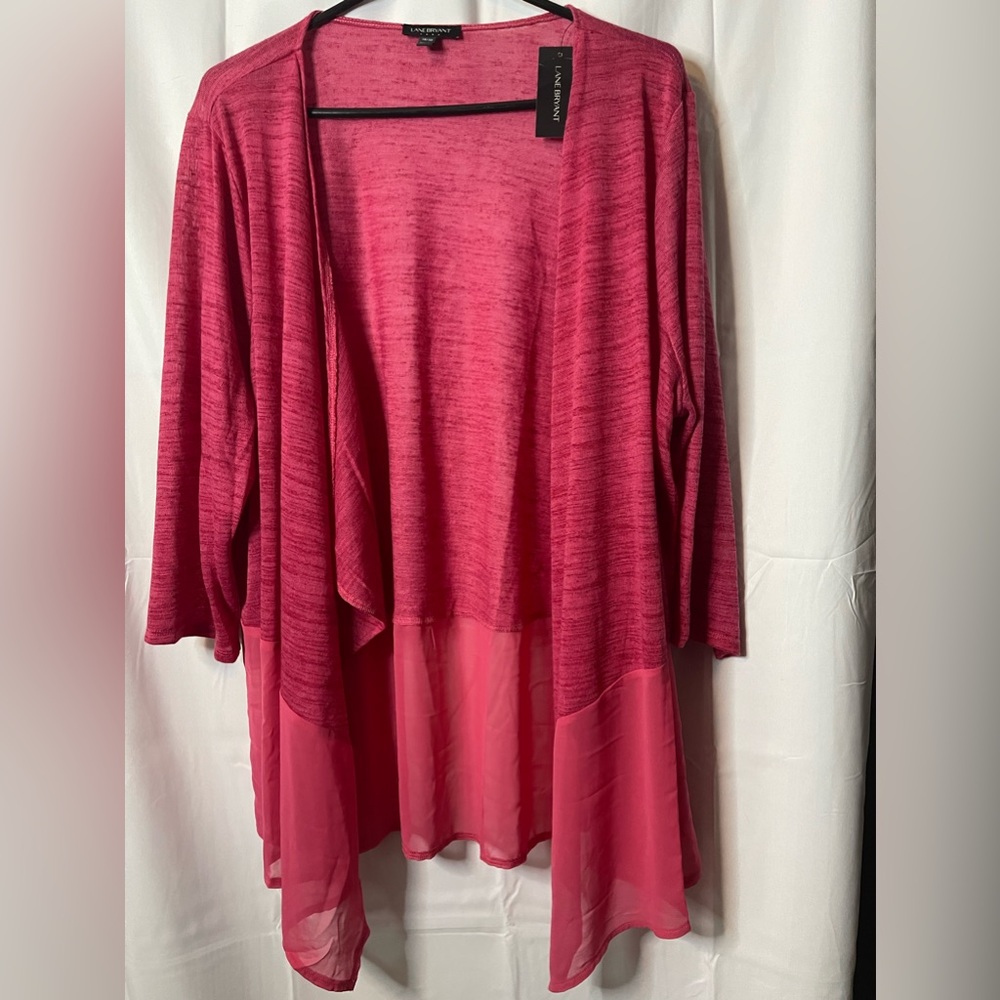 Lane Bryant open front sheer chiffon trim pink cardigan. Size 18/20.  NWT!